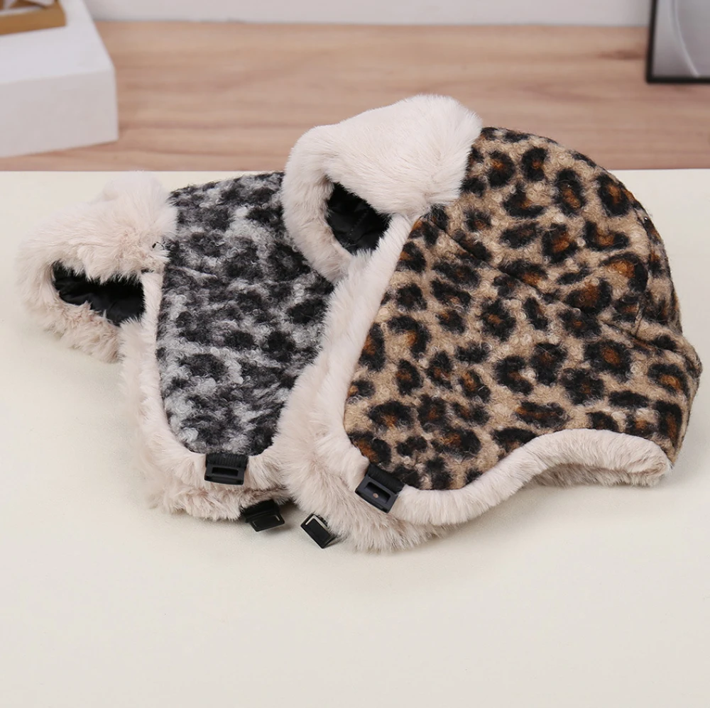 HT4995 الروسية قبعة سميكة الدافئة الشتاء الفراء القبعات للرجال النساء الثلوج التزلج الصياد إيرفلاب قبعة الذكور الإناث أنيق ليوبارد منفذها القبعات