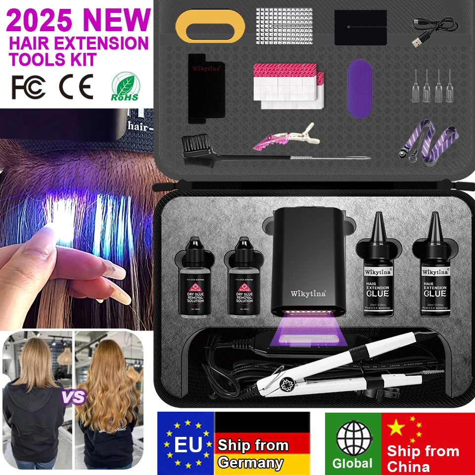 

2025 UV Light Hair Extension Tool set Complete Kit with Strong Adhesive Glue And Remover Machine for V-Light Hair Extension tool