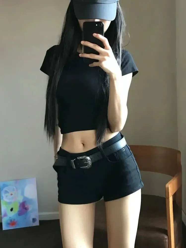 

Женские джинсовые шорты Y2K с низкой талией: рваные черные микрошорты, эластичная ткань, облегающая фигуру, летние шорты American Baddie