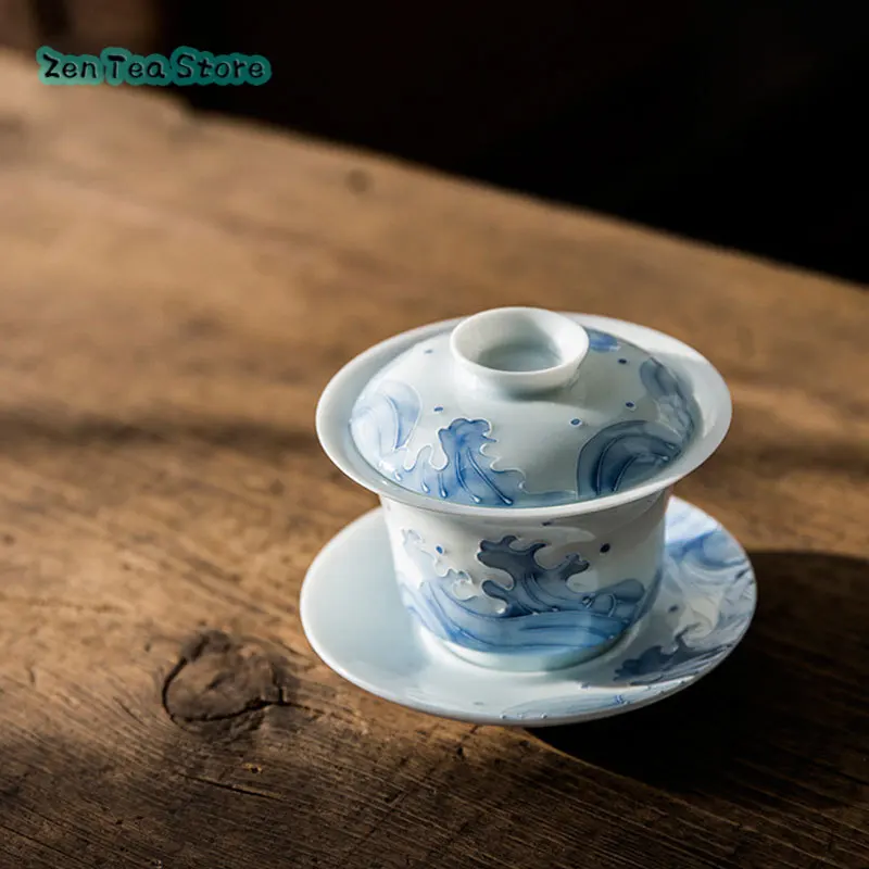 Pure Hand-painted Pile Carving Waves Three Cover Bowl Teacup Ceramic Kung Fu Tea Set Tea Infuser Household Hand Grasp Tea Bowl