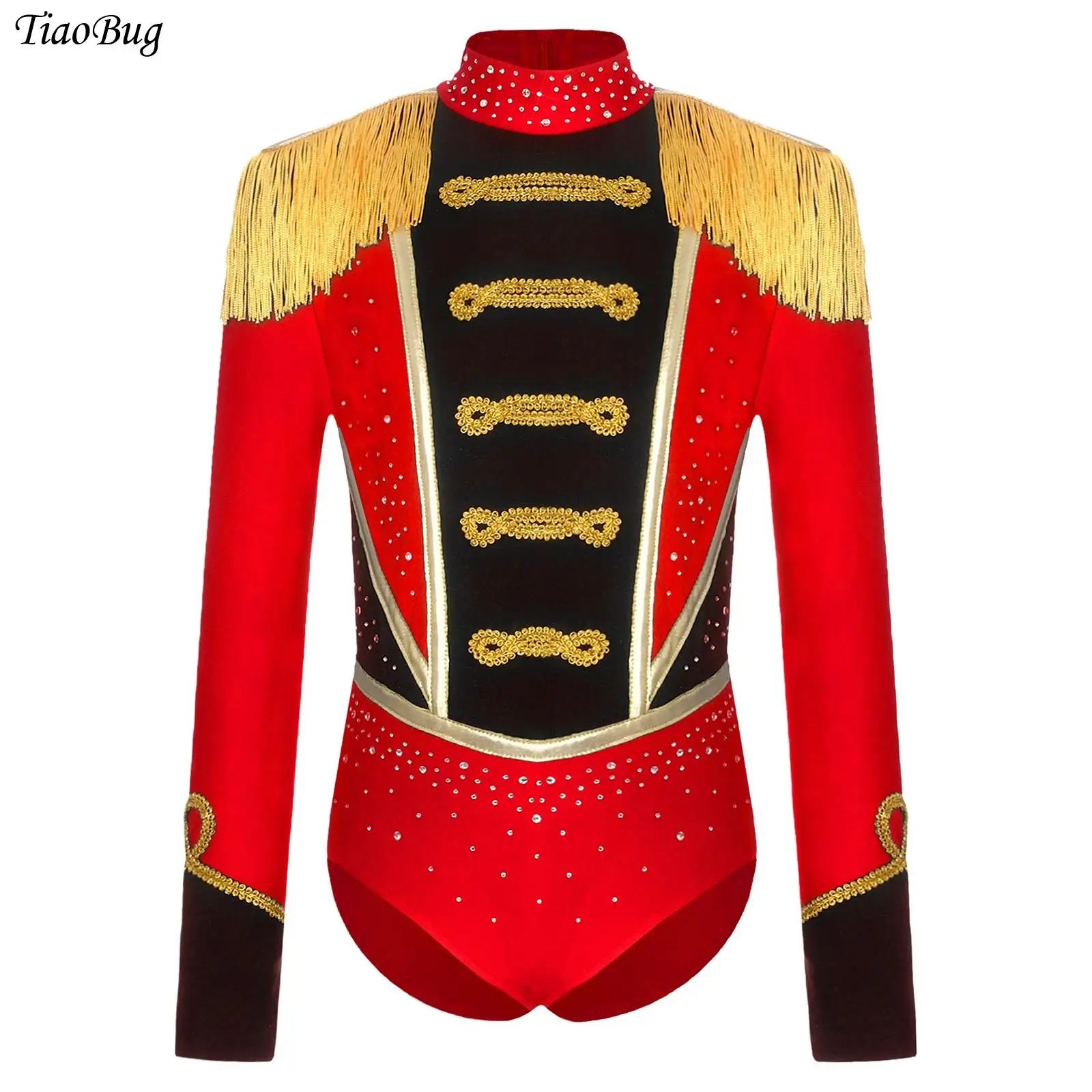 

Girls Halloween Circus Ringmaster Costume Long Sleeve Fringe Shoulder Rhinestones Leotard Bodysuit Magician Lion Tamer Jumpsuit