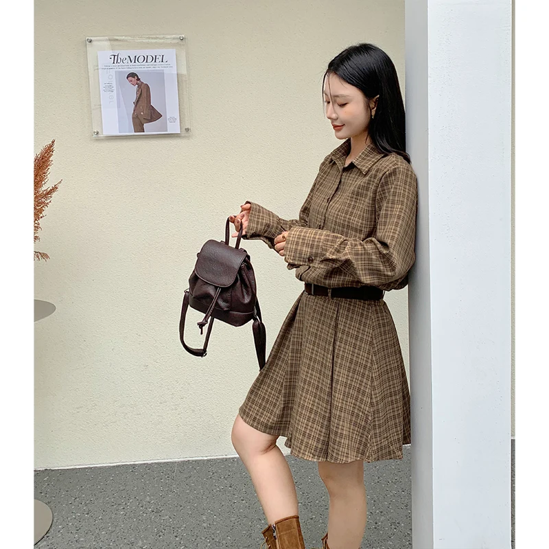 Abito camicia vintage casual coreano primavera autunno Abito corto scozzese a maniche lunghe con colletto da donna Abbigliamento progettato da strada