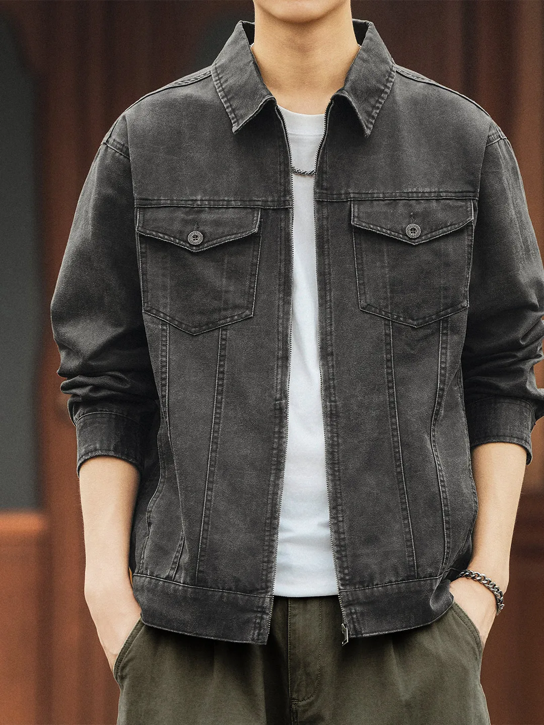 

Мужская ретро американская Sle Wax Fini Leather Feel Jaet Свободная мотоциклетная рабочая одежда Верхняя одежда Осенняя Faion Ci Casual