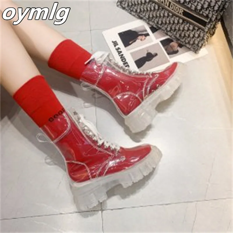 Botas transparentes con cordones para mujer, botines de suela gruesa con esponja roja, a la moda, otoño e invierno, 2022