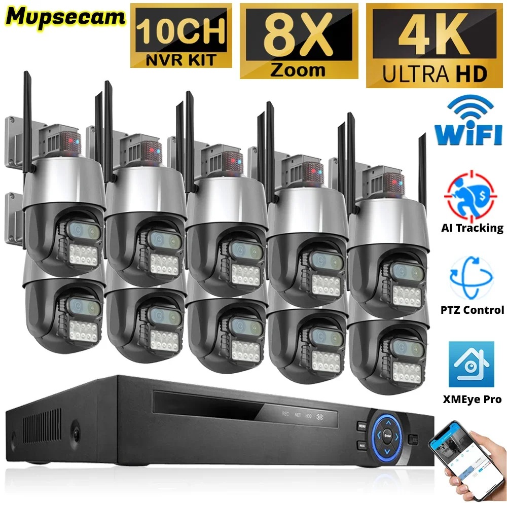 XMEYE-cámara CCTV para exteriores, Kit de sistema de seguridad con Zoom 8X, 8MP, HD, WiFi, grabadora NVR de 10 canales, cámara IP inalámbrica,