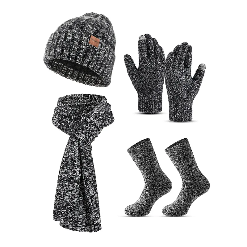 Hat, scarf, gloves and socks four-piece set with velvet and thickening for adults winter warm knitted hat set
