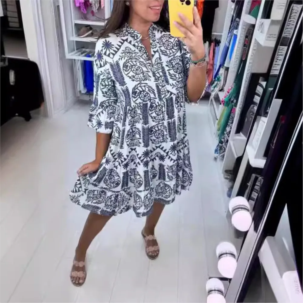 Vestido feminino de sete pontos de manga, vestido feminino casual, solto, patchwork, praia, feriado, novo, verão, moda, 2024