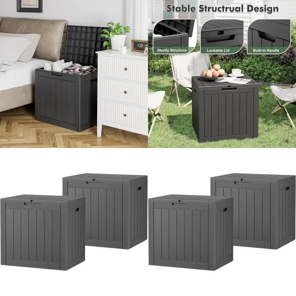 Set of 2 Lockable UV-Resistant Outdoor Storage Boxes, 32 Gallon, Striped Black for Patio, Garden, Pool Supplies