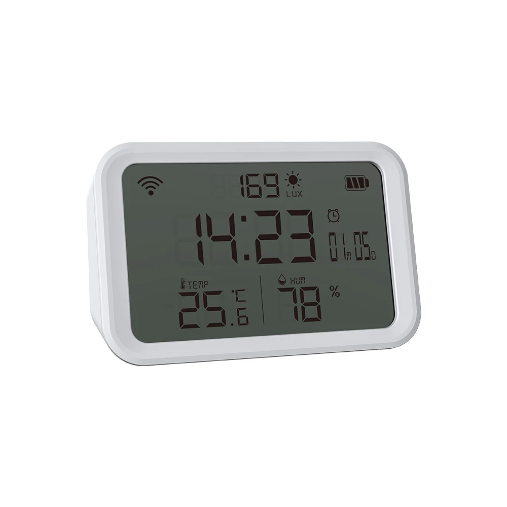 Tuya Smart WiFi 4-IN-1 Temperature Humidity Sensor Light Intensity Detector Time Display Alarm Clock Fit Alexa Google Assistant