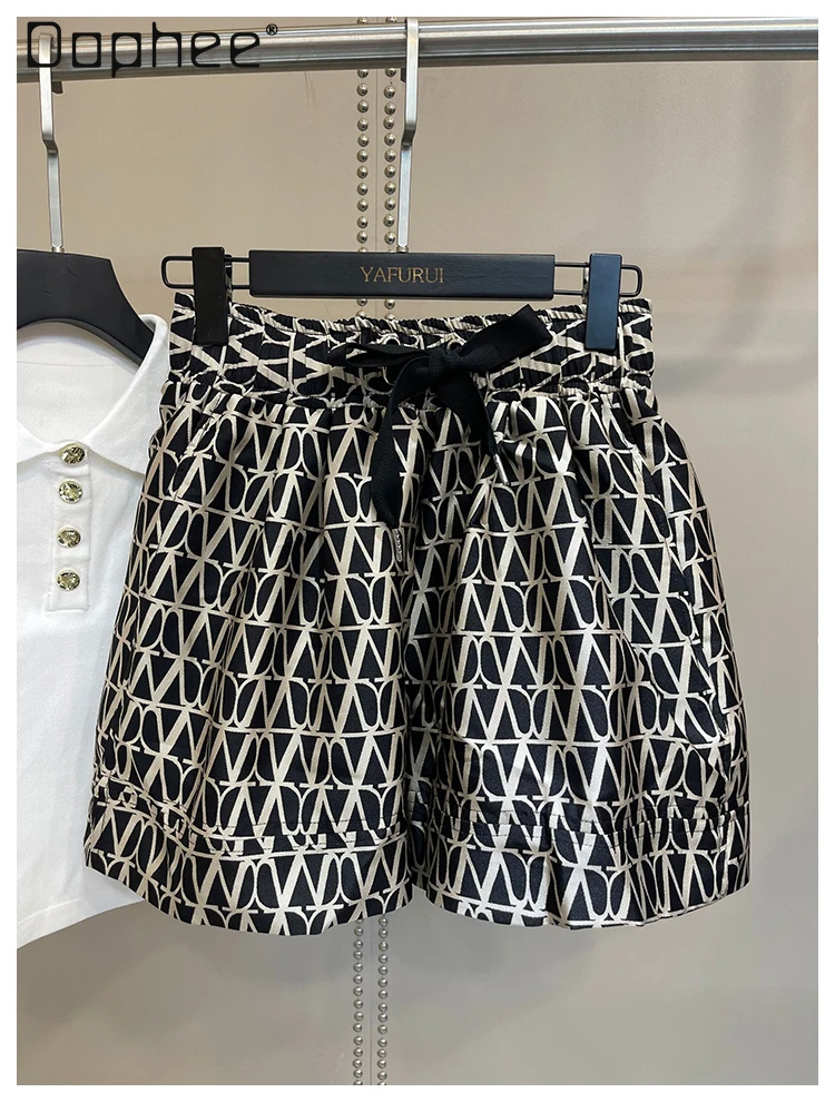 Retro Jacquard Shorts Women Clothing Summer Fashion Versatile Elastic Waist Casual Loose Wide-leg Pants Versatile Trendy Shorts