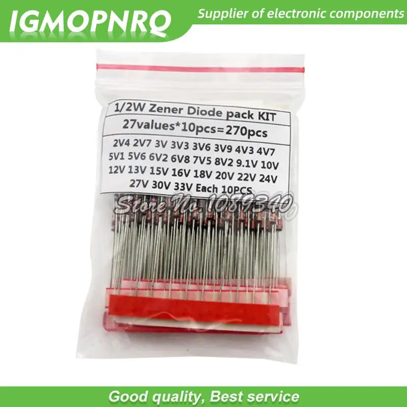 270pcs/lot 0.5W Zener Diode kit Assortment Set 1/2W 2V4-33V Zener Diode pack 12V 18V 5V1 5V6 3V3 3V6 4V3 4V7 6V2 6V8 7V5 20V 22V