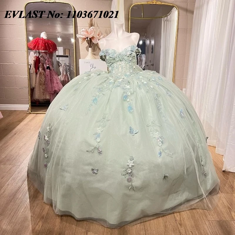 

EVLAST Customized Green Ball Gown Quinceanera Dress Beaded Crystals Butterfly Appliques Sweet 16 Vestidos De XV 15 Anos SQ173