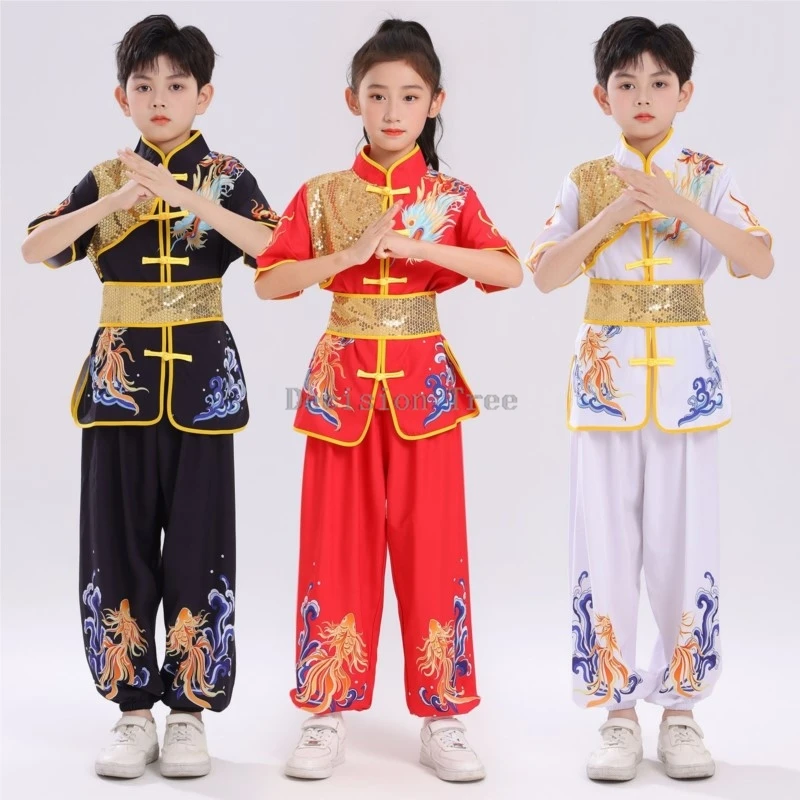 children's printed wushu uniform set kids chinese style retro short sleeved top pants kung fu set kids stage performance costume