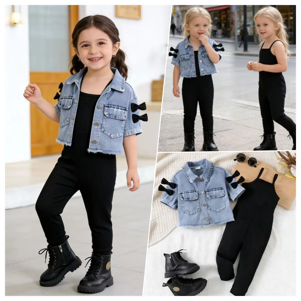 Girls Denim Short Sleeve Black Cami Jumpsuit EU US New Arrival Retro Trendy Kids Fashion  for 9M-4Y