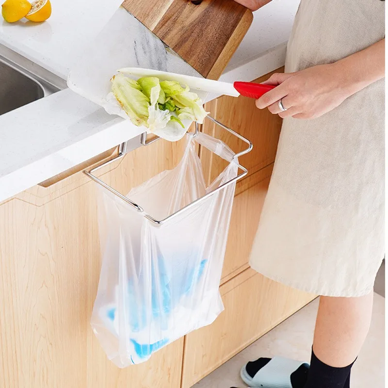 Stainless Steel Kitchen Trash Rack Cabinet Door Garbage Bags Holder Closet Garbage Storage Holder Towel Hanging Organizer