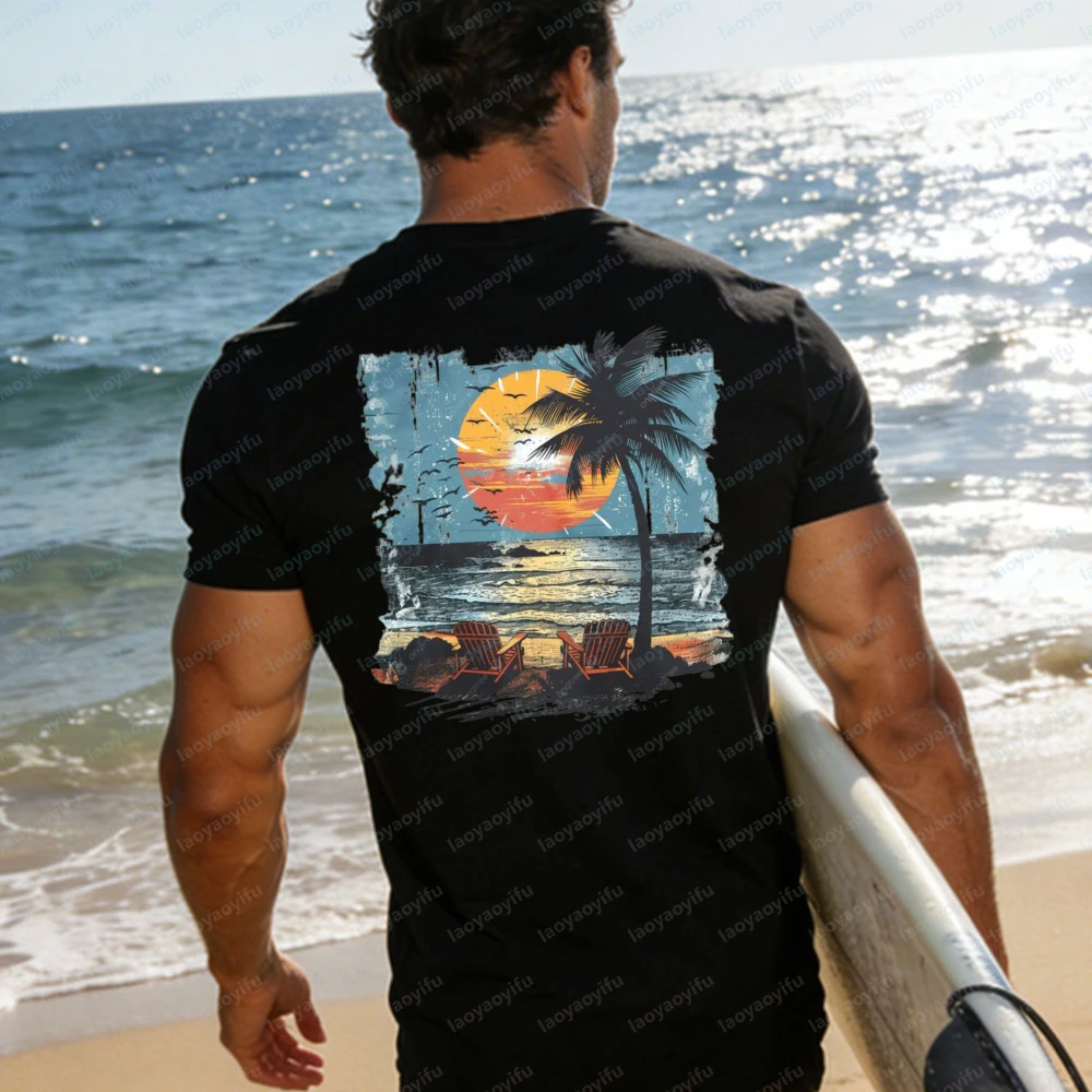 Retro Sunset Beach T-Shirt Women Distressed Palm Tree Chair Graphic Tees Casual Short Sleeve Cotton Tops Summer Vacation Shirts