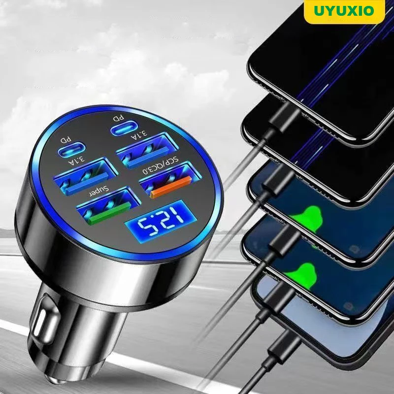 UYUXIO 6-in-1-Multi-Port-USB-C-Autoladegerät-Adapter mit Voltmeter, schnelles Aufladen mit Spannungsanzeige für iPhone 17 16 Samsung