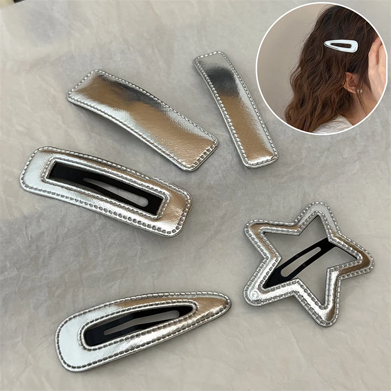 Simple Silver Leather Hairpin Female Metal Five-pointed Star Bangs Clip Bb Clip Temperament Side Clip Side Hairpin