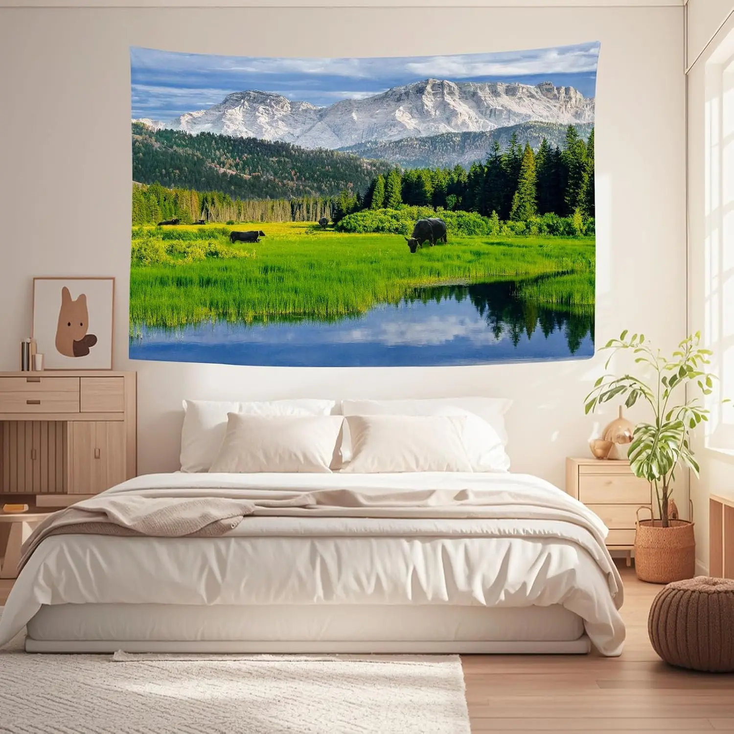 Realistic Nature Wall Tapestry Mountain Landscape Bears Wildlife Forest River Polyester Decor Rustic Lodge Style Hanging Art Pri