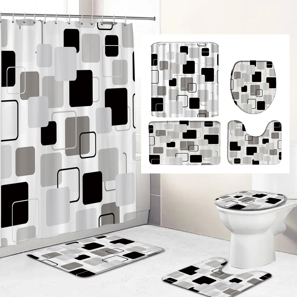 Black Shower Curtain Sets Grey and White Abstract Geometric Bath Curtains Bathroom Decor Toilet Lid Cover Non-Slip Rugs Mats