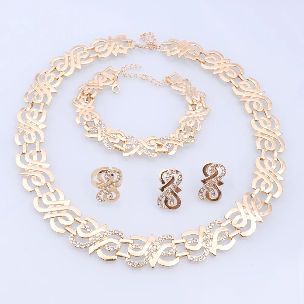 Elegant Gold Color Women Jewelry Sets Necklace Earrings Bracelet Rings Sets  Dubai Wedding Banquet Party Gifts