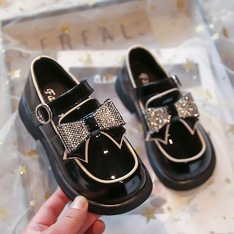 Children‘s Leather Shoes Rhinestone bowkont Girls Party Flats Kids Loafers 2023 New Arrival Student Princess Performance Shoes