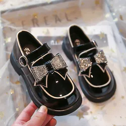 Children‘s Leather Shoes Rhinestone bowkont Girls Party Flats Kids Loafers 2023 New Arrival Student Princess Performance Shoes