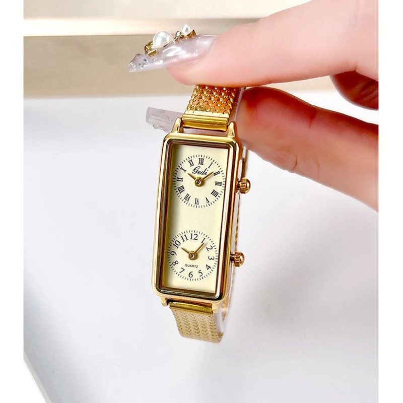 CQ549 New Leisure Creative Dual Movement Women's Watch Retro Rectangular Dual Time Zone Quartz Watch Light Luxury Clock Gift view 6