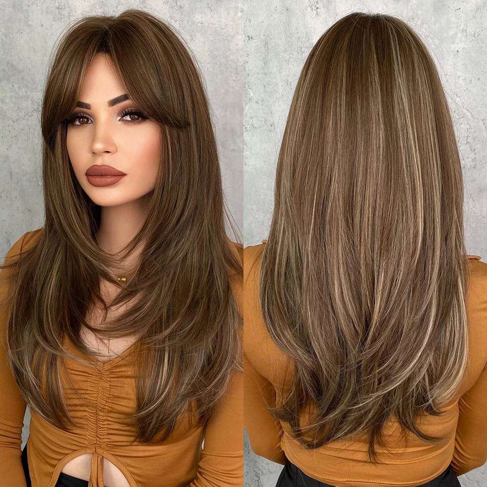 HAIRJOY Synthetic Hair Wig with Bangs Long Wigs for Women,Layered Heat Resistant Synthetic Wigs for Daily Use