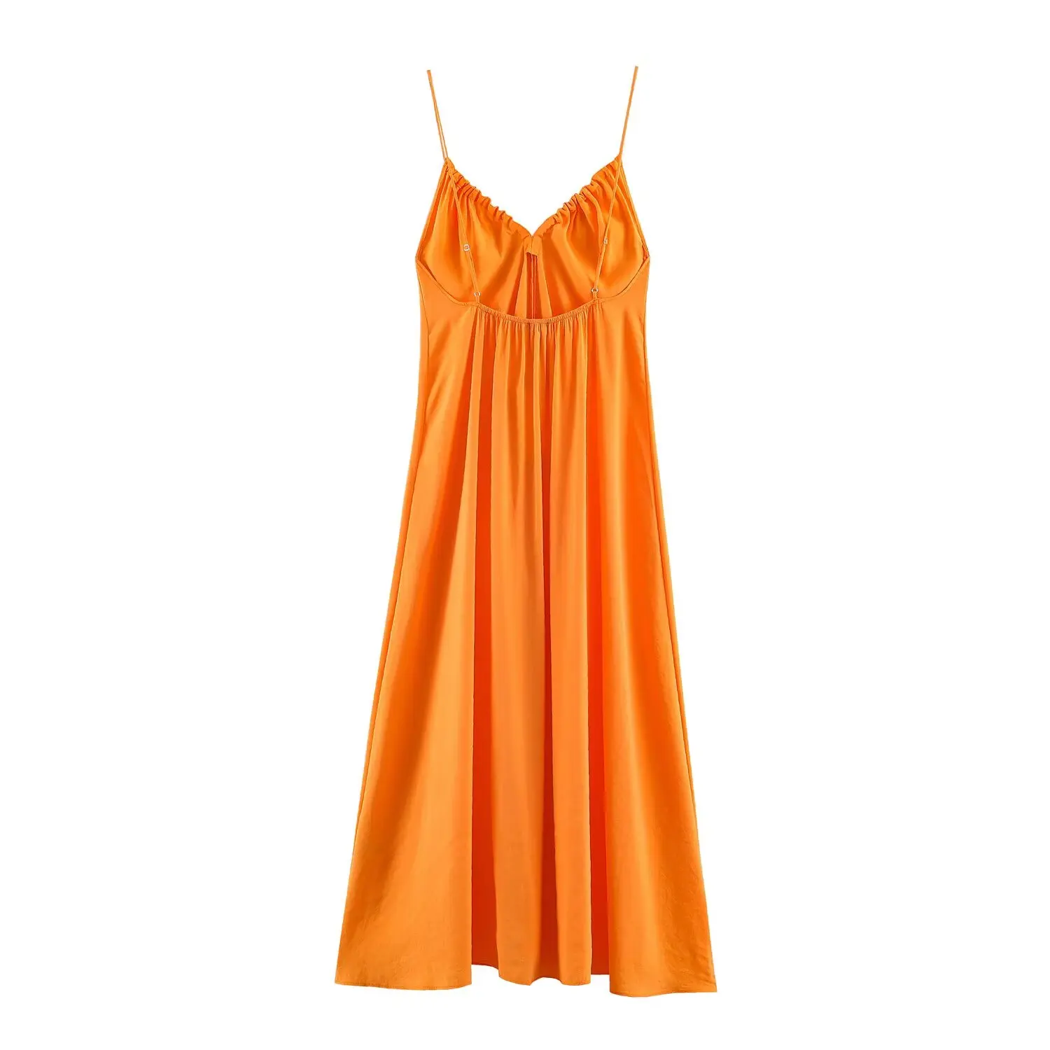 BSAY Women Orange Silky Slip Midi Dress Thin Straps Drawstring Ruched V Neck Loose Flowy Long Dress Summer Holiday Casual Outfit