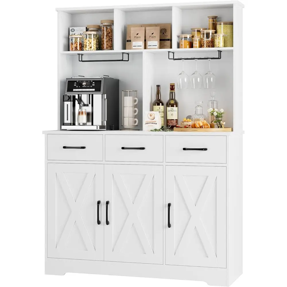 

White Kitchen Buffet Sideboard with Hutch, 3 Drawers, Barn Door Coffee Bar, Storage Cabinet for Dining and Living Rooms