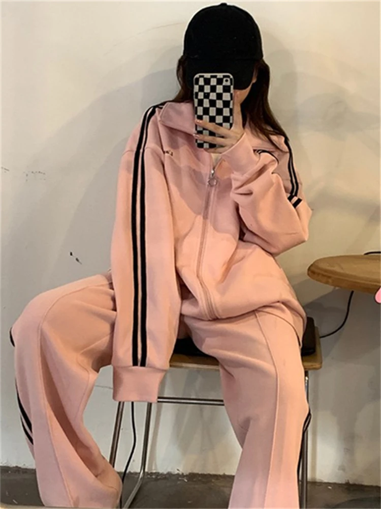 Korean Fashion Jogging Tracksuit Women Y2K Preppy Style Pink Pant Sets Loose Kpop Streetwear Sweatpants Striped Hoodie Autumn