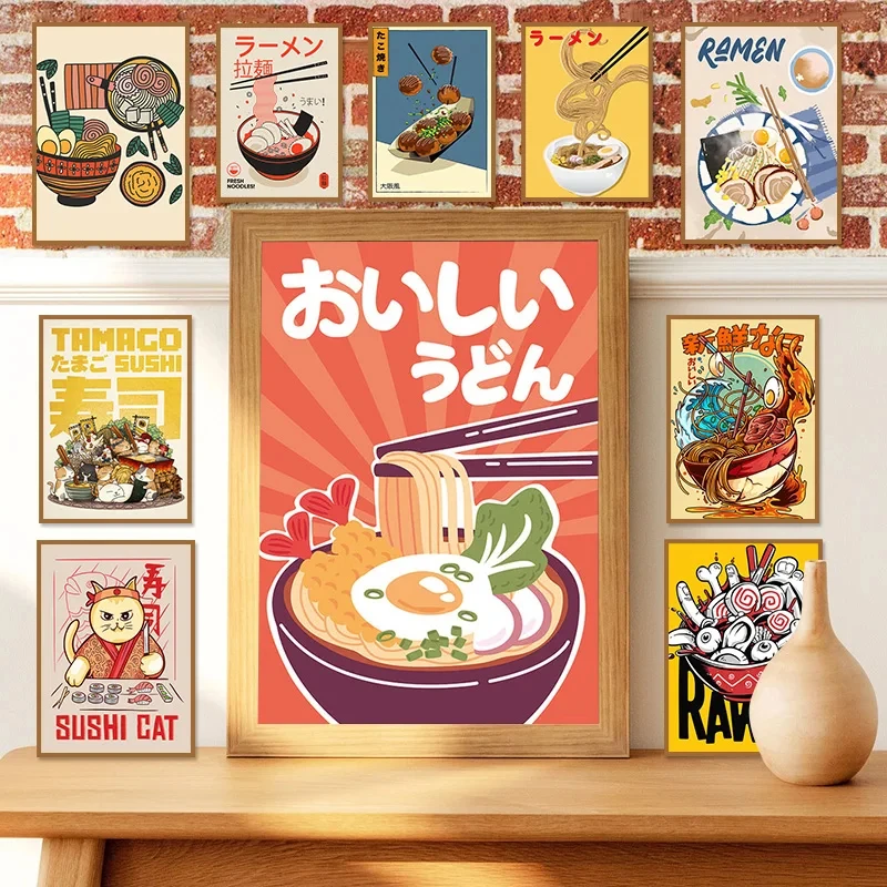 Japanese Food Poster Funny Ramen Noodles Sushi Kitchen Wall Art Print Canvas Painting Pictures for Restaurant Home Decor Cuadros