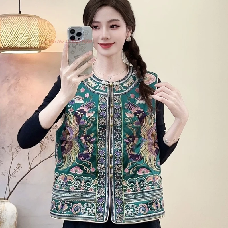 

2025 chinese vintage satin jacquard vest o-neck folk vest national phoenix embroidery vest sleeveless jacket retro hanfu tops