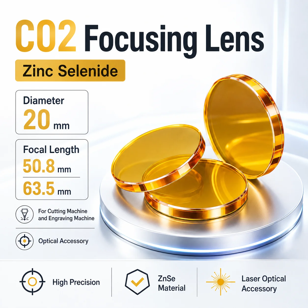 20mm Zinc Selenide CO2 Focusing Lens 50 Point 8mm 63 Point 5mm Focal Length for Laser Cutting and Engraving Machine Accessories