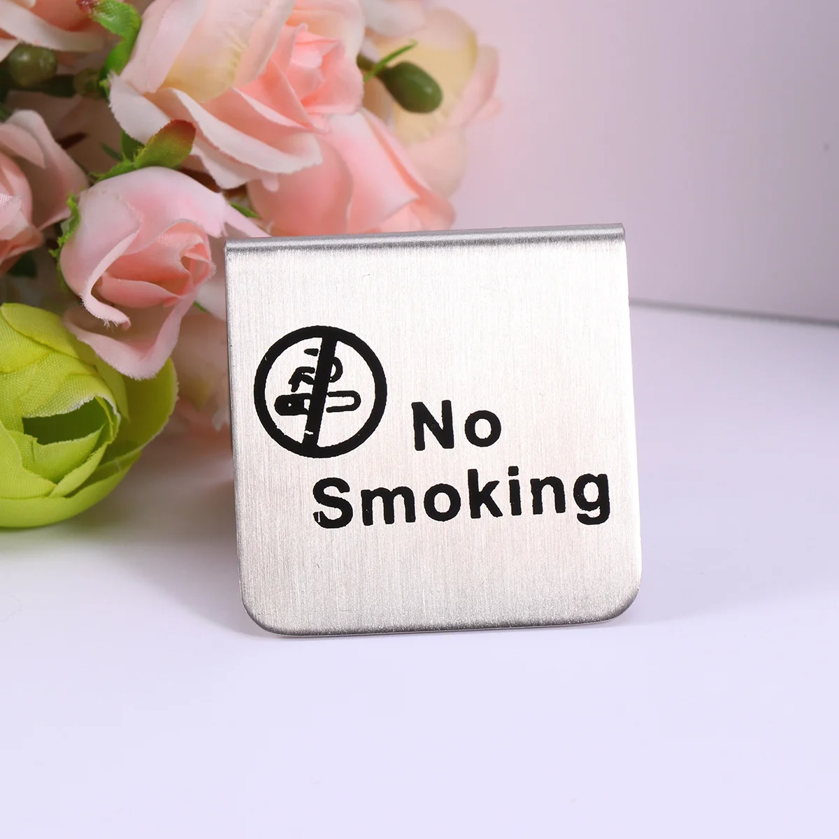 Stainless Steel No Smoking Table Tent Sign Double Side Durable Desktop Sign for Office Hotel Restaurant Banquet Use