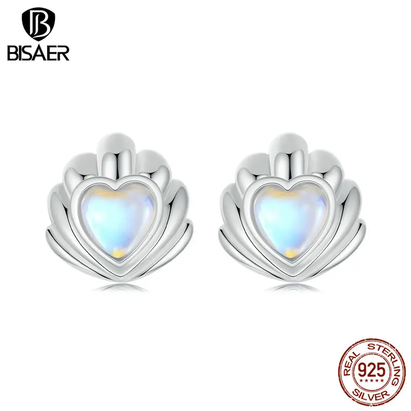 BISAER 925 Sterling Silver Seashell Stud Earrings Heart Moonstone Hypoallergenic Earrings for Women Fine Jewelry Holiday Gift