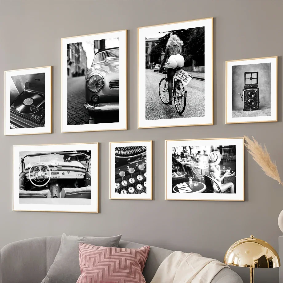 Vintage Camera Phonograph Train Champagne Nordic Posters And Prints Wall Art Canvas Painting Black White Decoration Pictures Bar