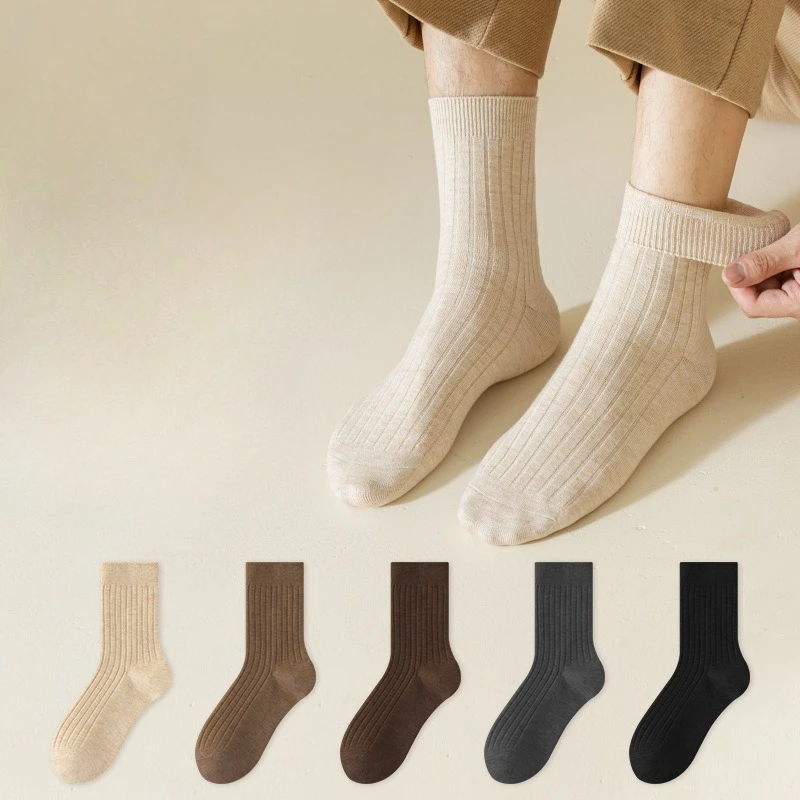 

1/5 pair of new Spring Autumn men's cotton wool socks thickened warm sweat absorbing odor proof solid color casual socks