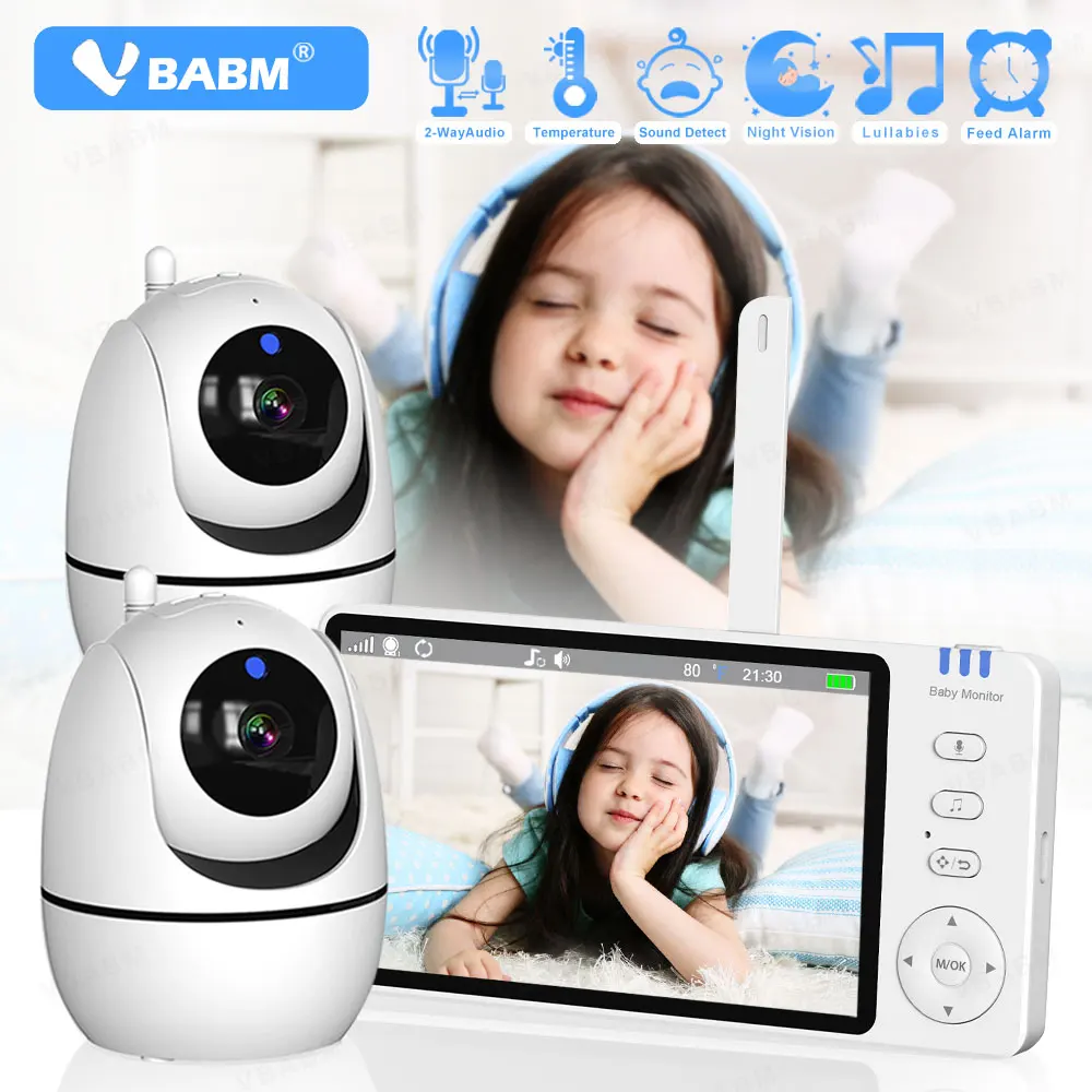 VBABM ABM501 Baby Monitor 5 Inch HD Two Camera Indoor Video With Nanny PTZ Camera 2-Way Audio VOX Lullaby Up Temperture Display