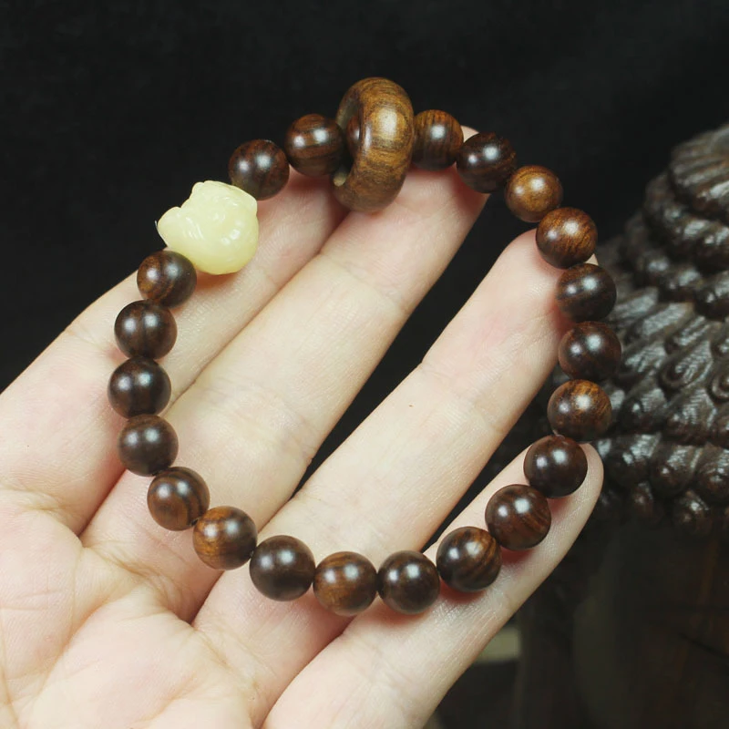 

Black rosewood 8mm bracelet with lion dance motif, unisex DIY forest-style prayer beads