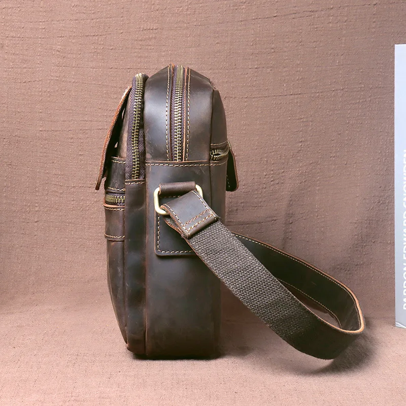 New Retro Men's Vertical Crossbody Bag, Handcrafted Pull-Up Leather Sling Bag, Full-Grain Leather Casual Shoulder Purse