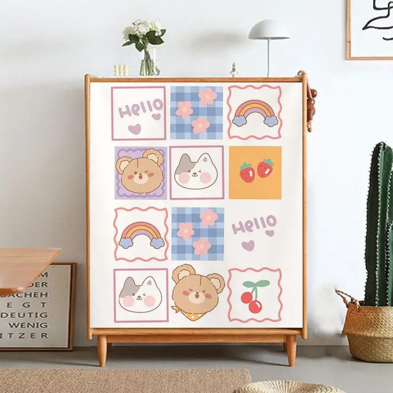 VIKAMA Dresser Curtain Cute Cartoon Bear Cat Print Cabinet Door Cover for Kitchen Cupboard Shelf Storage Cabinet Home Decor