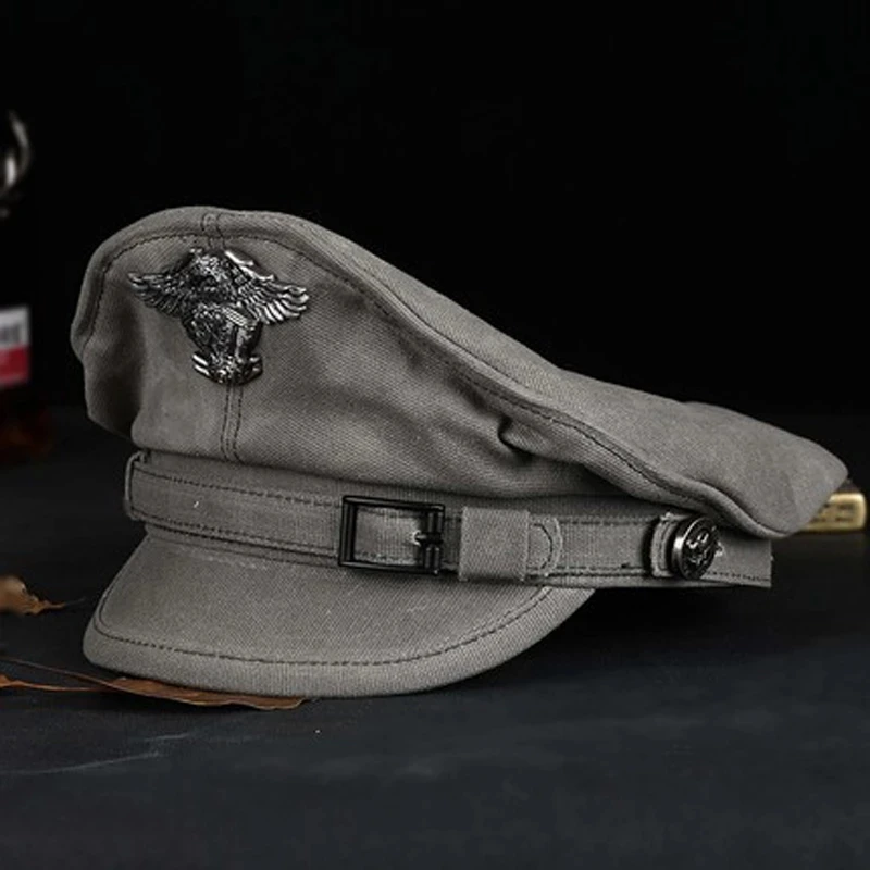 Retro 2024 Navy Peaked Sailor Cap Men Women Spring Army Hat Male Canvas Grey Eagle Belt Locomotive Casquette