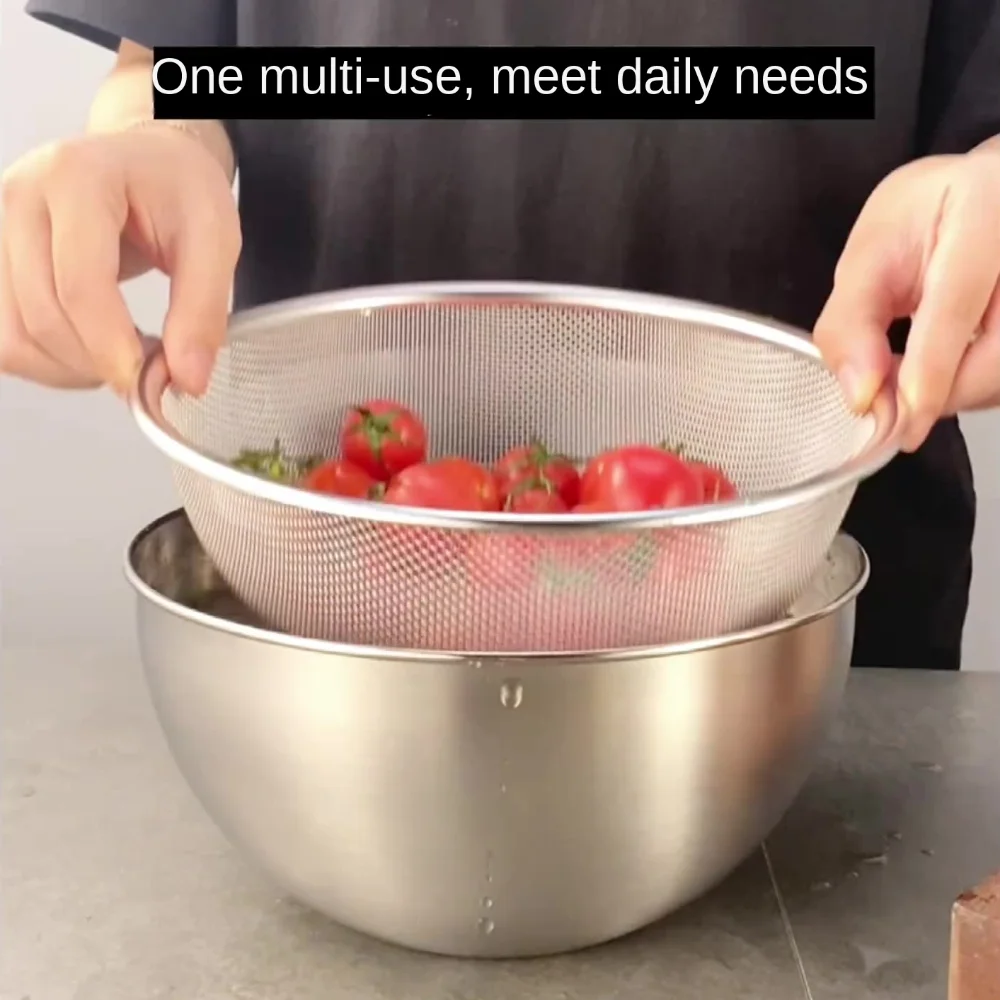 2pcs/Set Stainless Steel Colander Bowl Set with Scale Multifunctional Sink Strainer Spaghetti Strainer Kitchen Organizer
