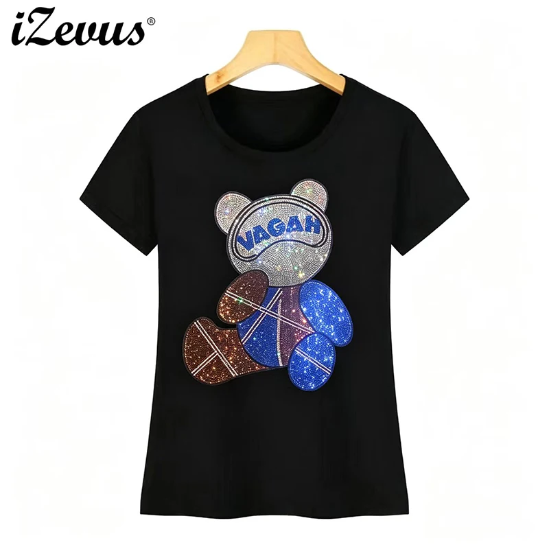 Fashionable ladies' summer casual short-sleeved pure cotton T-shirt with Rhinestone bear design