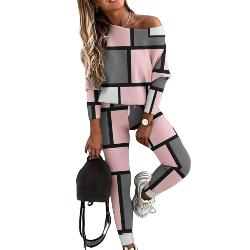 

2 Pcs/Set Top Pants Suit Color Matching Off Shouder Long Sleeve Loose Elastic Waist Patchwork Shirt Trousers Set Lady Tracksuit