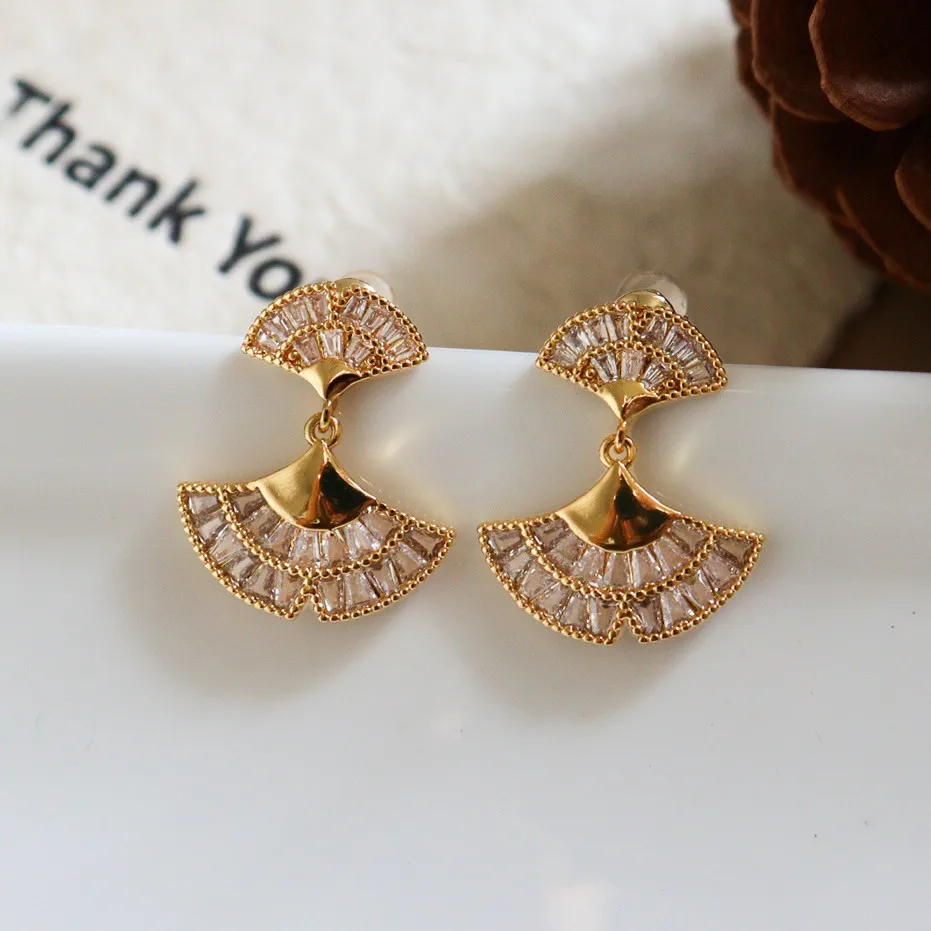 

Gold Silver Color Fan Shape Pendant Drop Earrings for Women Fashion Zircon Crystal Statement Wedding Party Jewelry Gifts