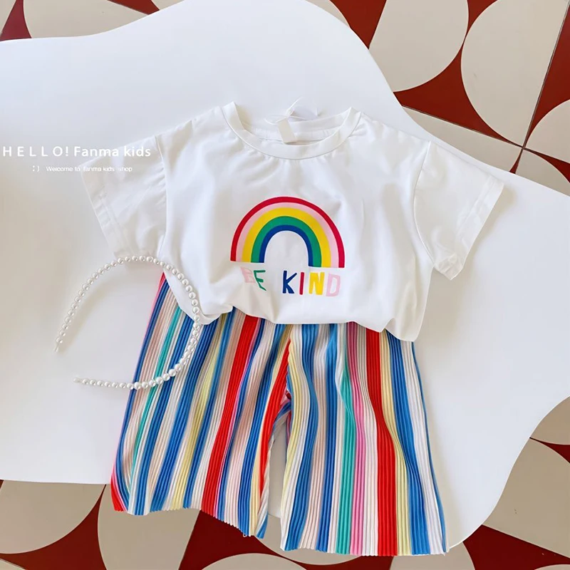 

2-8 Years Old Summer Girls Clothing Set Letter Cartoon Rainbow Pattern T-shirt+Colored Vertical Stripes Pants 2Pcs Suit For Girl