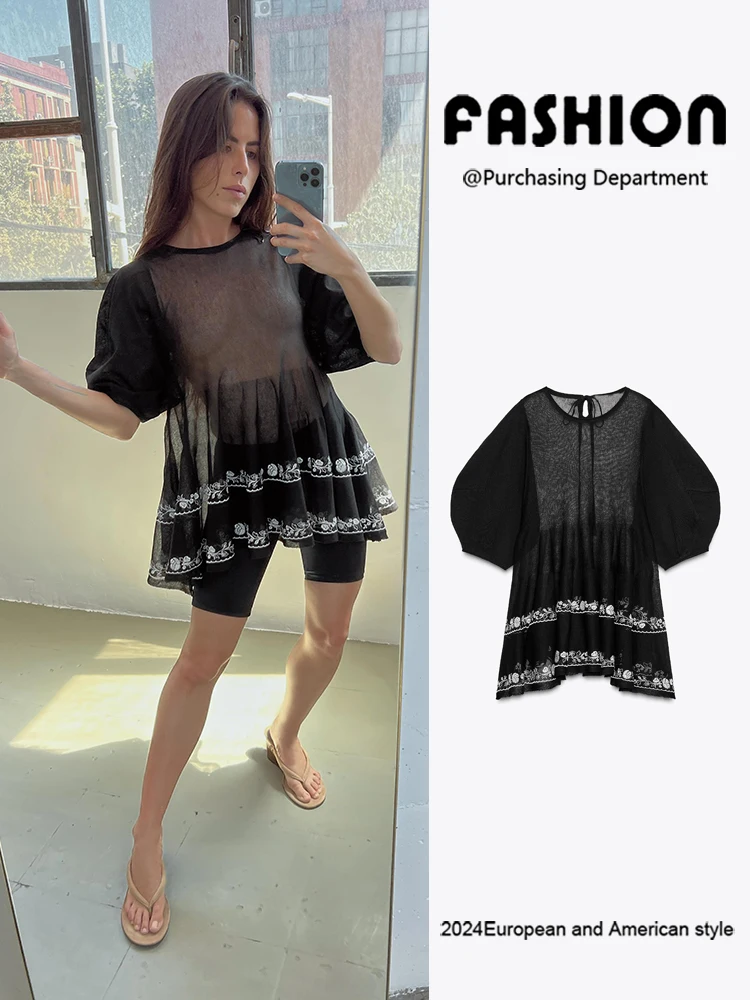 Comfortable ort Sve Long irt Women's Faionable Embroidery Fine Needle All-Match Summer New Arrival Clothing